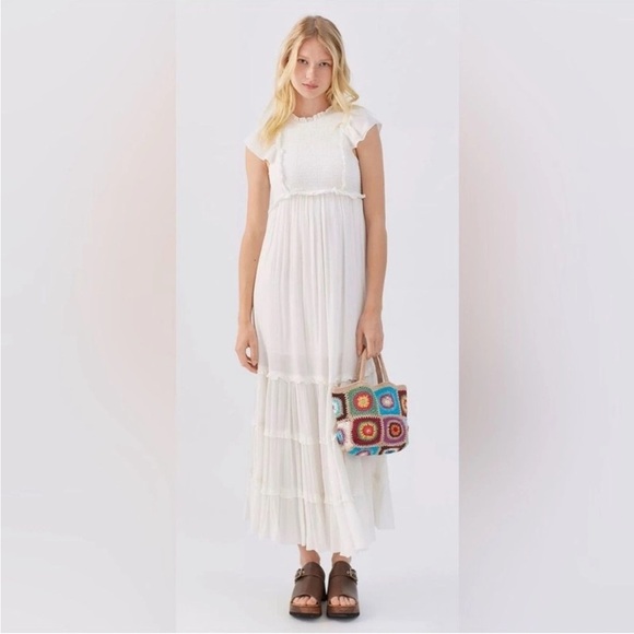 Urban Outfitters UO Sandra Ruffle Midi Maxi Dress Smocked Tiered Gauzy White M - Picture 4 of 14